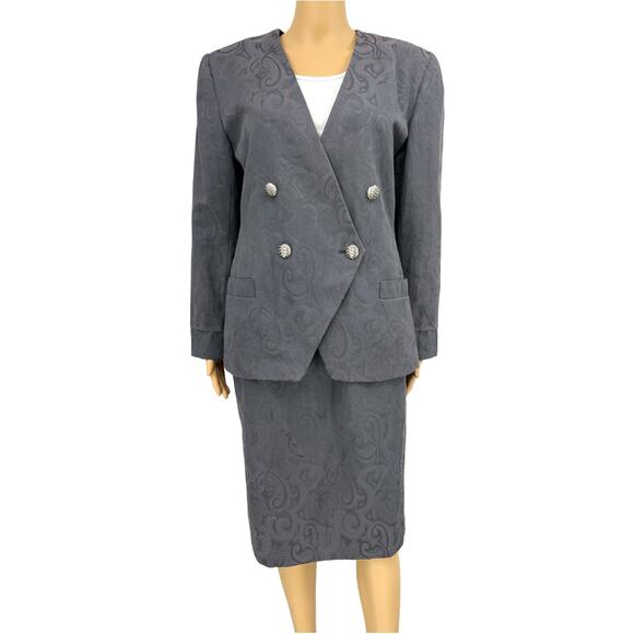 Exec Collection US 10 VINTAGE Y2K Gray Purple Jacquard Blazer Skirt Suit Set - Picture 1 of 13